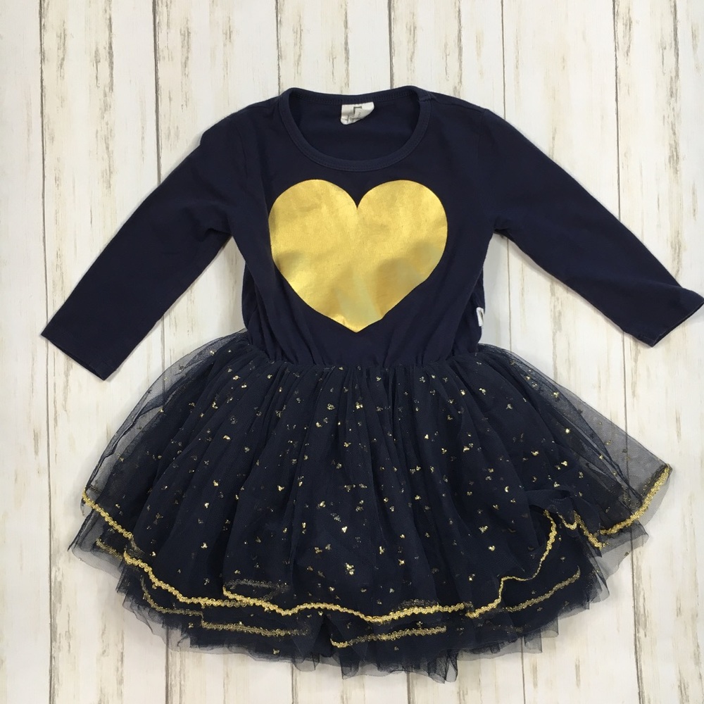 Hootkid Navy & Gold Foil Heart Tutu Dress